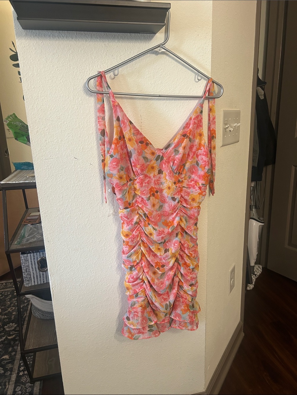Floral Ruched Mini Dress in Pink and Orange - Picture 2 of 3